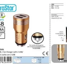 CARGADOR COCHE ALUMINIO 2 USB 2.4A 12-24V ORO