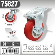RUEDA PU/PVC CON FRENO 65MM (LIGERA, ROJA)