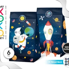 BOLSAS DE PAPEL CON PEGATINA 6 UDS ASTRONAUTA